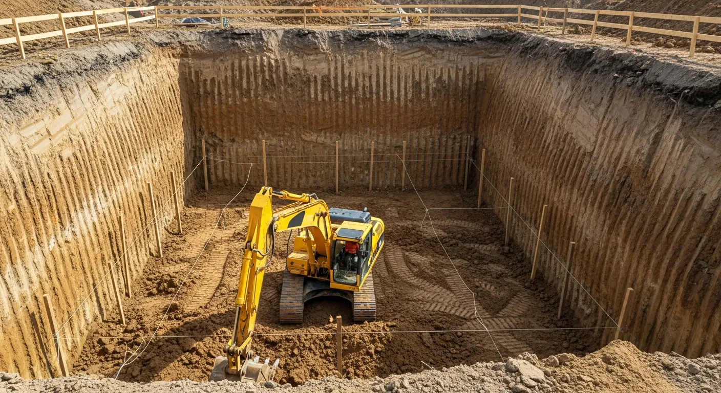 A large open basement excavation pit with an excavator working at the bottom
