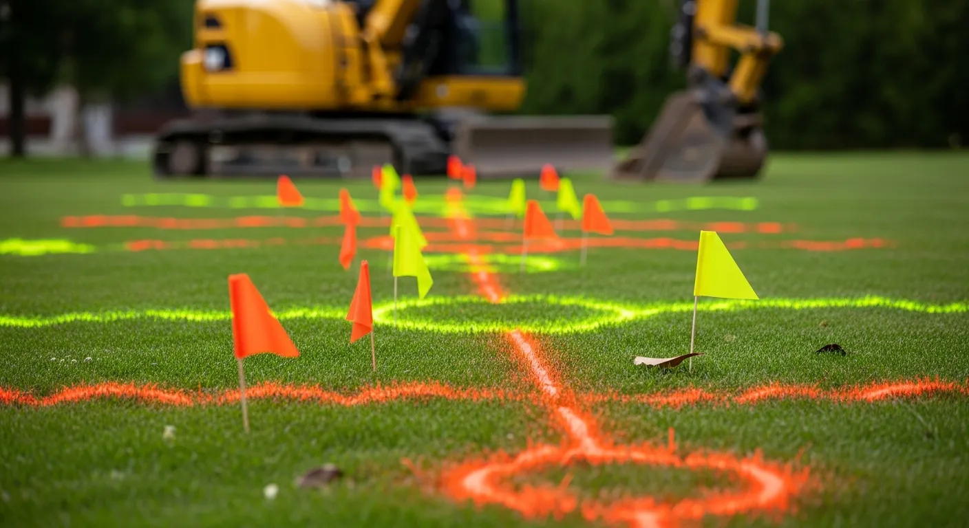 Fluorescent utility locate paint and marker flags on a residential lawn before excavation