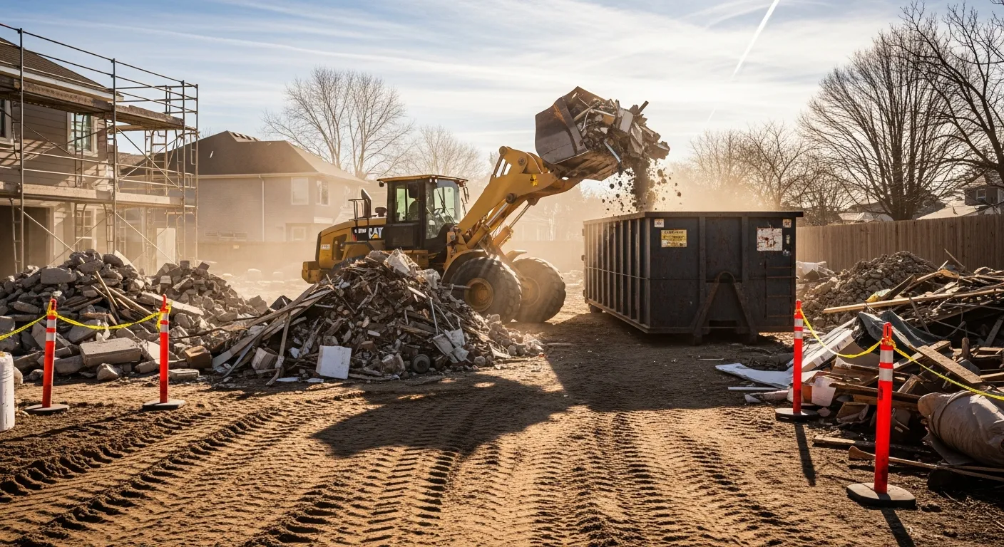 Heavy equipment clearing large piles of construction debris and junk from a residential property