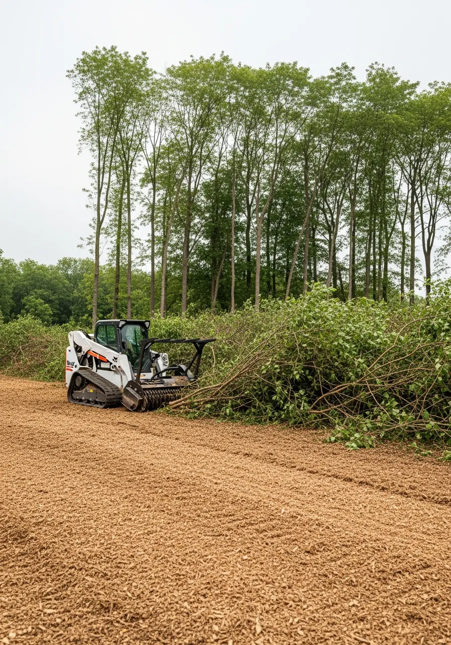 Track loader with a forestry mulcher clearing brush and small trees on a Southwest Michigan lot