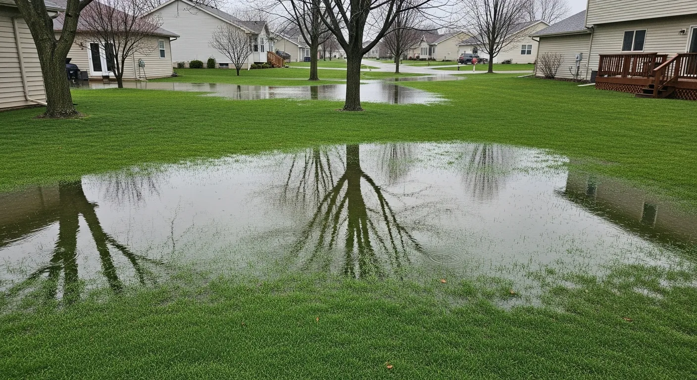 A soggy residential backyard with standing water and puddles after spring rain