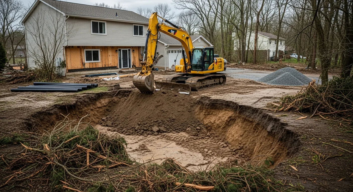 Storm damage restoration work with heavy equipment regrading and repairing a damaged yard for proper drainage