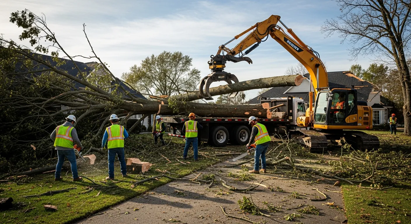 Excavator removing fallen trees and storm debris from a damaged residential property in Southwest Michigan
